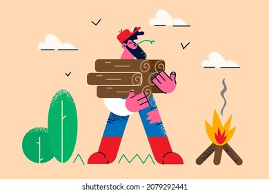 Smiling lumberjack or woodcutter hold wood pile set fire outdoors. Happy lumberman with wooden timber stack materials for camp in nature. Hobby and environment concept. Vector illustration. 