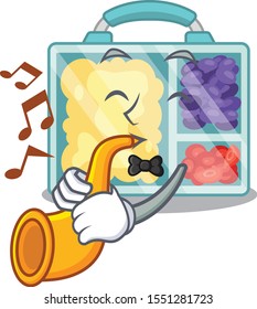 smiling lunch box character shape isolated with trumpet