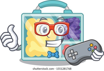 smiling lunch box character shape isolated holding gamer