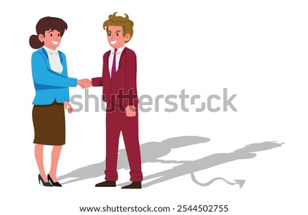 Smiling lying man stretching his hand to female character. Dishonest hypocritical person telling lies and cheating. Hypocrisy, fraud and insincerity. Cartoon People Vector Illustration.