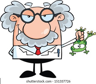 Smiling Mad Scientist Or Professor Holding A Frog