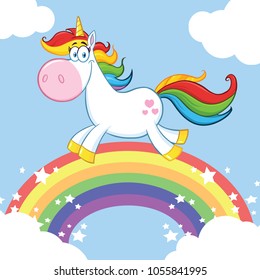 Smiling Magic Unicorn Cartoon Mascot Character Running Around Rainbow With Clouds. Vector Illustration With  Background