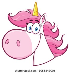 Smiling Magic Unicorn Head Cartoon Mascot Character. Vector Illustration Isolated On White  Background