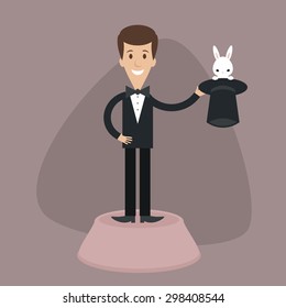 Smiling magician with  rabbit in a hat