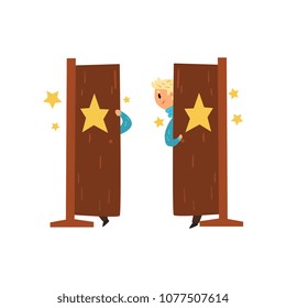 Smiling magician walking in and out of the door. Circus artist performing trick on stage. Flat vector design