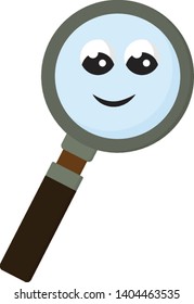 A smiling magnifying glass with brown handle, vector, color drawing or illustration. 