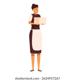 Smiling maid holding clean white towels, providing excellent service in hospitality industry