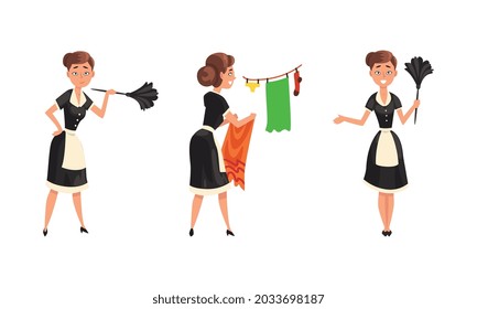 Smiling Maid or Housemaid in Black Dress and White Apron Dusting and Hanging Laundry on Rope Vector Set