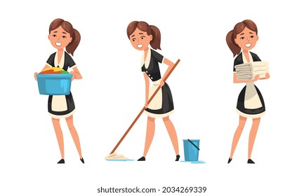 Smiling Maid or Housemaid in Black Dress and White Apron Mopping Floor and Doing Laundry Vector Set