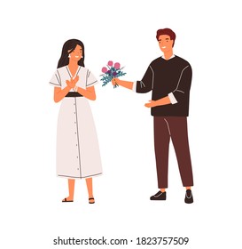 Smiling male admirer giving beautiful flowers to female vector flat illustration. Man making present bouquet to surprised woman isolated. Enamored couple spending time together at romantic date