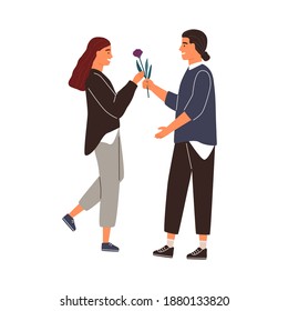 Smiling male adorer giving flower to cute girlfriend vector flat illustration. Happy woman taking gift from man isolated on white. Adorable couple at romantic date. Romantic scene with cute couple