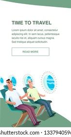 Smiling Male Airplane Passenger Look at Window. Man in Headphone Sit on Chair at Aircraft. Character Sleep, Listen Music on Plane. Time to Travel. Vacation. Flat Cartoon Vector Illustration