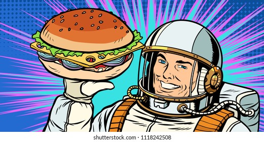 Smiling male astronaut presents Burger. Pop art retro vector illustration vintage kitsch drawing