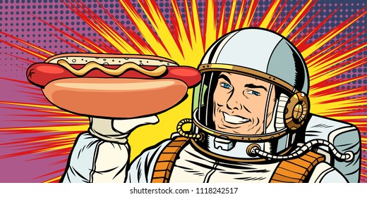 Smiling male astronaut presents hot dog sausage. Pop art retro vector illustration vintage kitsch drawing