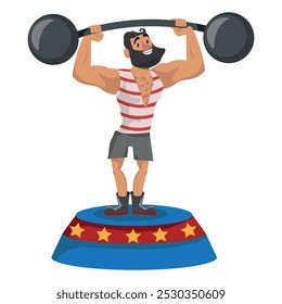 Atleta masculino sonriente en traje colorido que trabaja en el circo. Concepto de personajes de circo haciendo trucos y acrobacias para niños, adultos. Atleta positivo con barra. Ilustración vectorial plana de dibujos animados.