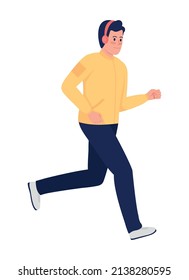Smiling male athlete with earphones semi flat color vector character. Running figure. Full body person on white. Sportsperson simple cartoon style illustration for web graphic design and animation