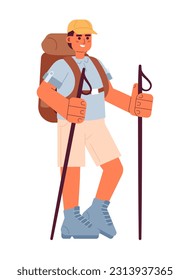 Smiling male backpacker with trekking poles semi flat colorful vector character. Happy man with hiking staff. Editable full body person on white. Simple cartoon spot illustration for graphic design