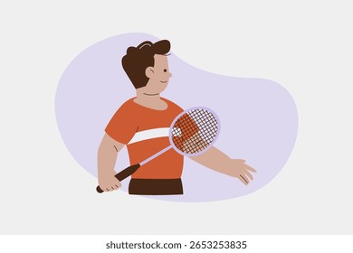 Smiling Masculino Badminton Entusiasta Pronto para Esporte Game Vetor