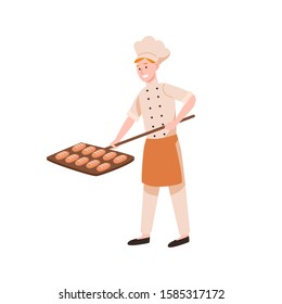 Smiling male baker baking bread flat vector illustration. Happy bakery worker putting tasty loaves in oven. Bakehouse staff in uniform holding buns on shovel cartoon color character.