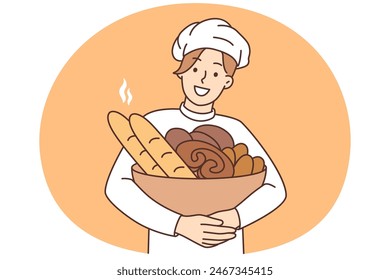 Smiling male baker I uniform holding basket with fresh bread. Happy man chef with box of pastries. Bakery and cooking. Vector illustration.