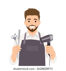 Smiling male barber in an apron holds scissors, a comb, and a hairdryer, stylish haircut. Flat vector illustration isolated on white background