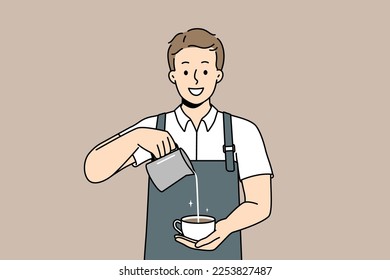 Smiling male barista in apron making cappuccino in cup. Happy man waiter prepare coffee in cafe show good quality service. Coffee shop art. Vector illustration. 