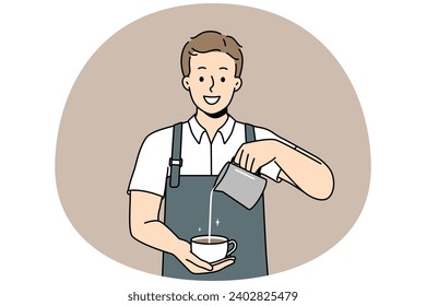 Barista macho sonriente en delantal haciendo capuchino en taza. Un hombre feliz, camarero, prepara café en la cafetería y ofrece un servicio de calidad. Arte de la cafetería. Ilustración vectorial.