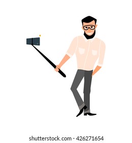Smiling male with a beard hipster take photos selfie stick in the style of cartoons and flat isolated on white background