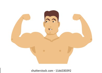 Smiling male bodybuilder shows his muscles. Flat design. Vector illustration