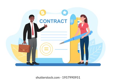 Smiling Male Businessman In Suit Signing Contract Documents. Concept Of Legality Documentation And Authorization Of Work Start. HR Womqn Helps Worker To Sign Papers. Flat Cartoon Vector Illustration