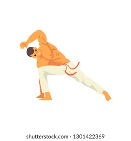 Smiling Male Capoeira Dancer Character Practicing Movement, Brazilian National Struggle Vector Illustration