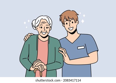 Smiling male caregiver with happy elderly woman patient in nursing home. Caring nurse or doctor with positive old grandmother in retirement house. Good maturity. Flat vector illustration.