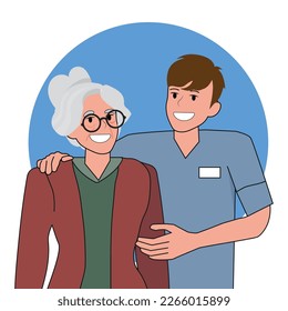 Smiling male caregiver with happy elderly woman patient in nursing home. Caring nurse or doctor with positive old grandmother in retirement house. Good maturity. Flat vector illustration.