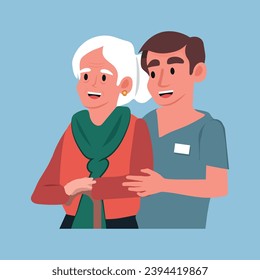 Smiling male caregiver with happy elderly woman patient in nursing home. Caring nurse or doctor with positive old grandmother in retirement house. Good maturity. Flat vector illustration.