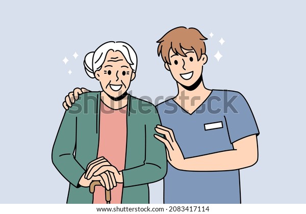 Smiling\
male caregiver with happy elderly woman patient in nursing home.\
Caring nurse or doctor with positive old grandmother in retirement\
house. Good maturity. Flat vector\
illustration.