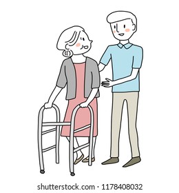 Smiling male caregiver taking care of happy elderly woman using walker. Young man supporting his senior patient to walk with walker at residential home. Recovery of walking ability. Hand-drawn vector.