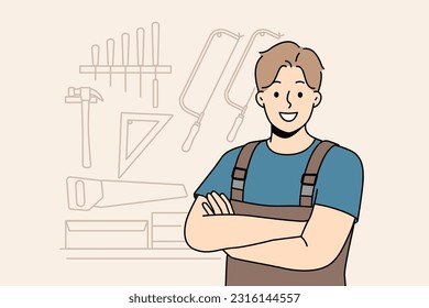 Smiling male carpenter in unform and glasses in workshop. Happy craftsman posing in woodwork workroom. Vector illustration. 