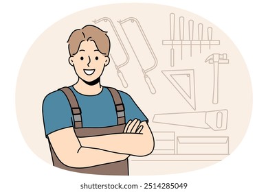 Smiling male carpenter in unform and glasses in workshop. Happy craftsman posing in woodwork workroom. Vector illustration.