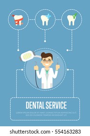 Smiling male cartoon dentist in white coat holding dental instruments, vector illustration. Dental treatment concept. Tooth care and restoration, stomatology and orthodontics. Dentist office banner