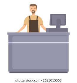 Smiling male cashier with beard standing at the store checkout counter with computer register