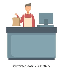 Smiling male cashier hands over a shopping bag at the store's checkout