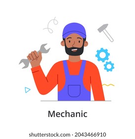 Smiling male character is enjoing working as a mechanic on white background. People like their job. Man is holding a wrench with mechanic equipment on the background. Flat cartoon vector illustration