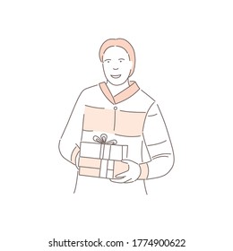 Smiling male character with gift boxes. Happy guy holds present with ribbon,isolated on white background. Surprise for birthday,christmas, fathers day or anniversary. Line art.Flat vector illustration