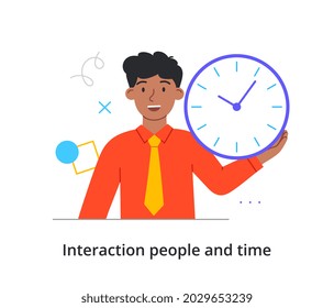 Smiling male character is holding time clock in hand on white background. Concept of people spending time efficiently, time management and schedule. Flat cartoon vector illustration