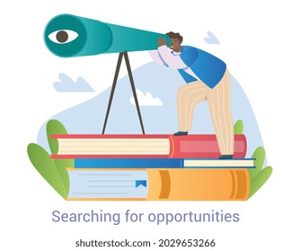 Smiling male character is looking forward through telescope on white background. Young man is looking for opportunities, decisions or new business ideas. Flat cartoon vector illustration