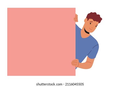 Smiling Male Character Peeping and Peeking from behind of Pink Square Shape. Happy Friendly Man Looking Outside Wall. Curious Human Watching, Curiosity Concept. Cartoon People Vector Illustration