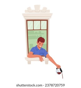 Smiling Male Character Pouring Fresh Brewed Coffee From Pot Out Of The Window. Concept Of Friendly Neighborhood, Good Morning. Man Offering Hot Drink To Neighbors. Cartoon People Vector Illustration