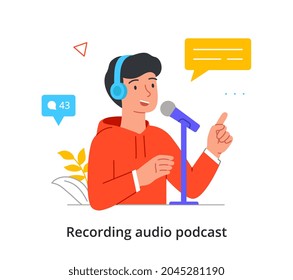 Smiling male character is recording an audio podcast in a professional studio on white background. Concept of studio quality recording audio for books or podcasts. Flat cartoon vector illustration