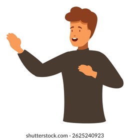 Smiling male character showing something with hand gesture, presenting new product, advertising something, sharing news