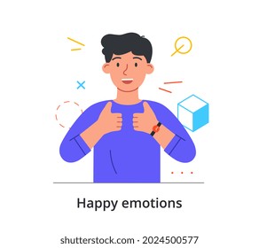 Smiling male character is showing thumbs up with two hands on white background. Concept of people expressing pleasant emotions with hand gestures. Positive emotions. Flat cartoon vector illustration